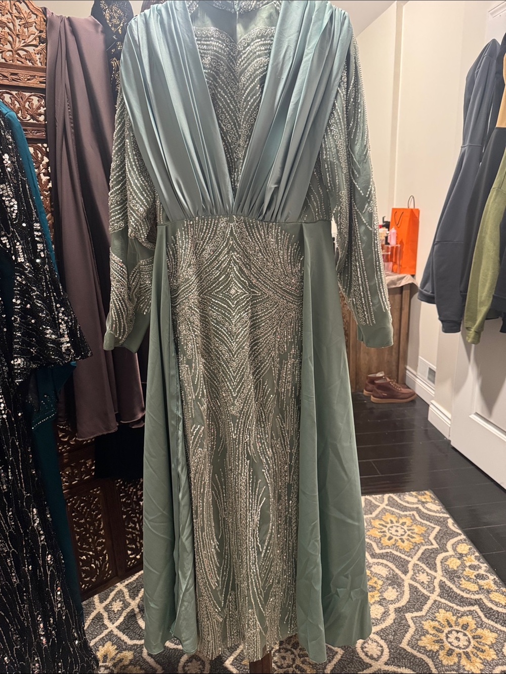 Elegant Sage Beaded Evening Dress